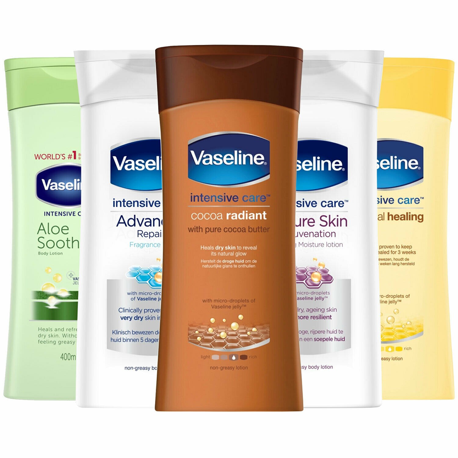 Pachet 5x Lotiune de corp Vaseline Intensive Care Aloe/Advanced/Cocoa/Mature/Essential, 400ml